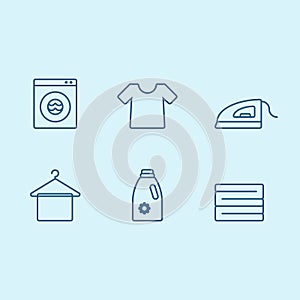 Laundry icon set with iron, tshirt, detergent, clothes stack, hanger and wash machine outline icon style