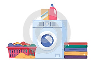 Laundry infographics with sequence of four different stages of washing process. Washing clothes. Dirty linen, washing machine,