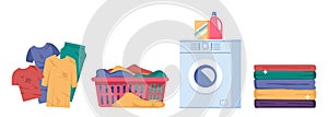 Laundry infographics with sequence of four different stages of washing process. Washing clothes. Dirty linen, washing machine,