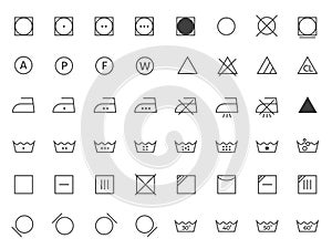 Laundry instruction line icons. Washing and cleaning symbols, clothes care instruction, textile cleaning guideline flat