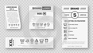 Laundry label collection with care symbols and washing instructions. Laundry care tags with washing, drying, bleaching, ironing
