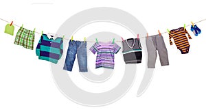 Laundry line with clothes on a white background