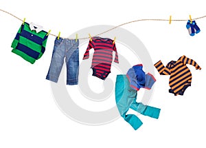 Laundry line with falling clothes on a white background