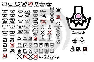 89 Laundry line icons. Laundry cats icons. Laundry simbols decoded. Laundry simbols explain. Cat paw. photo