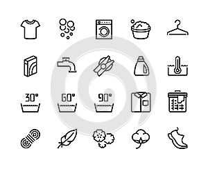 Laundry line icons. Clean and dirty t-shirt, different types of fabric and and washing types. Vector manual and machine