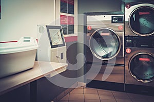 Laundry machines at laundromat shop.