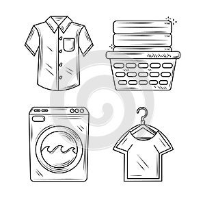 Laundry men shirt washer machine and basket with clothes icons line style