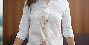 Laundry mishap Woman holds white shirt, showing accidental stain