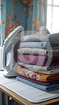 Laundry order Clean clothes stack with electric iron on ironing board