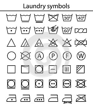 Laundry outline icons. Care clothes instructions on labels. Vector line items set