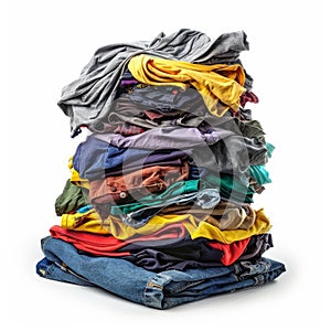 Laundry pile, dirty clothes heap isolated, dirty laundry clothing pile on white background
