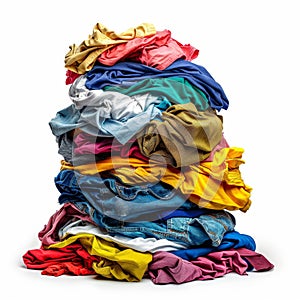 Laundry pile, dirty clothes heap isolated, dirty laundry clothing pile on white background