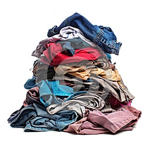 Laundry pile, dirty clothes heap isolated, dirty laundry clothing pile on white background