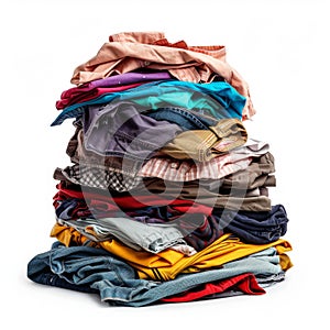 Laundry pile, dirty clothes heap isolated, dirty laundry clothing pile on white background