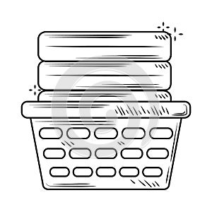 Laundry plastic basket with folded clothes line style icon