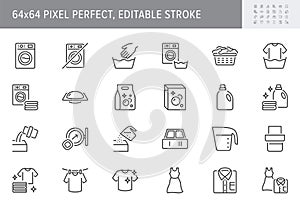Laundry process line icons. Vector illustration include icon - washing machine, shirt, liquid detergent, basin, beaker