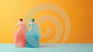 Laundry product. two bottles of detergents on a bright orange background, copy space