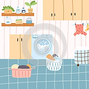 Laundry room with basket full of clothes, shelves with detergents and flowers, wet clothes dry on a rope in cartoon flat