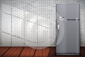 Laundry room of brick wall and fridge freezer