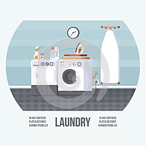 Laundry Room Cover with Washing Machine, Iron Board and Dryer. Vintage Retro Style with Flat Elements. Modern Trendy Design.