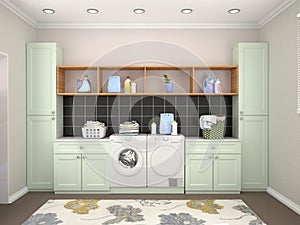 Laundry room design with washing machine.