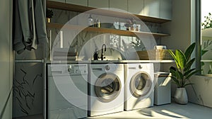 laundry room emphasizing the harmonious blend of modern aesthetics and hygienic cleanliness, creating an inviting