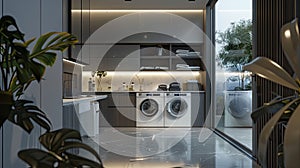 laundry room emphasizing the harmonious blend of modern aesthetics and hygienic cleanliness, creating an inviting