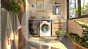 laundry room emphasizing the harmonious blend of modern aesthetics and hygienic cleanliness, creating an inviting