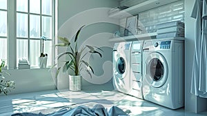 laundry room emphasizing the harmonious blend of modern aesthetics and hygienic cleanliness, creating an inviting