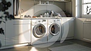 laundry room emphasizing the harmonious blend of modern aesthetics and hygienic cleanliness, creating an inviting