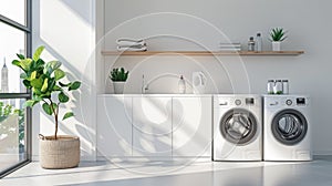 laundry room emphasizing the harmonious blend of modern aesthetics and hygienic cleanliness, creating an inviting