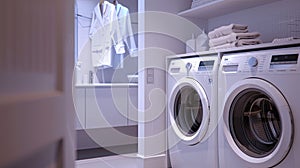 laundry room emphasizing the harmonious blend of modern aesthetics and hygienic cleanliness, creating an inviting