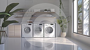 laundry room emphasizing the harmonious blend of modern aesthetics and hygienic cleanliness, creating an inviting