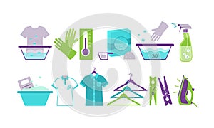 Laundry room icons set, iron, basin, hangers, washing chemicals bottles, clothespins, gloves vector Illustration