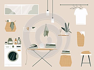Laundry room interior elements. Vector illustration. Washing machine, ironing board, basket with dirty stained linen, equipment,