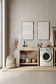 Laundry room interior mockup: beige theme, washer, wood accents, Scandinavian, Japanese & Nordic styles combined. Two wall frames