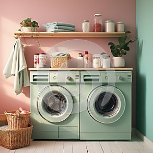 Laundry room interior with washing machine and laundry basket. 3d render