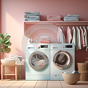 Laundry room interior with washing machine and laundry basket. 3d render
