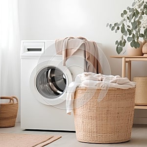 Laundry room interior with washing machine and wicker basket.