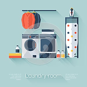 Laundry room with washing machine and dryer. Flat style with long shadows. Modern trendy design.