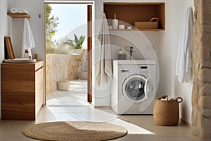 Laundry room with washing machine, sink, cabinetry, and wood flooring