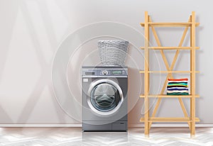 Laundry room. Washing machine, wooden shelves.