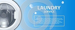 Laundry service banner or poster. Washing machine drum 3d realistic illustration. Front view, close-up, closed door