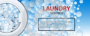 Laundry service banner or poster. Washing machine drum background with soap bubbles. 3d realistic illustration. Front view, close-