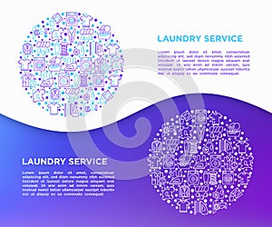 Laundry service concept in circle with thin line icons: washing machine, spin cycle, drying machine, fabric softener, iron,