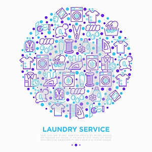 Laundry service concept in circle with thin line icons: washing machine, spin cycle, drying machine, fabric softener, iron,