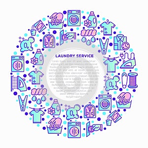 Laundry service concept in circle with thin line icons: washing machine, spin cycle, drying machine, fabric softener, iron,