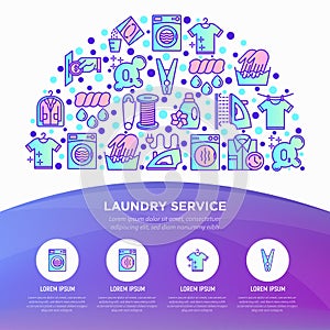 Laundry service concept in half circle with thin line icons: washing machine, spin cycle, drying machine, fabric softener, iron,