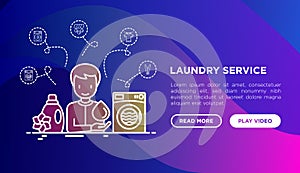 Laundry service concept thin line icons: washing machine, spin cycle, drying machine, fabric softener, handwash, washing powder,