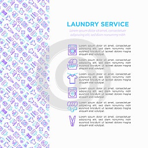Laundry service concept with thin line icons: washing machine, spin cycle, drying machine, fabric softener, iron, handwash,